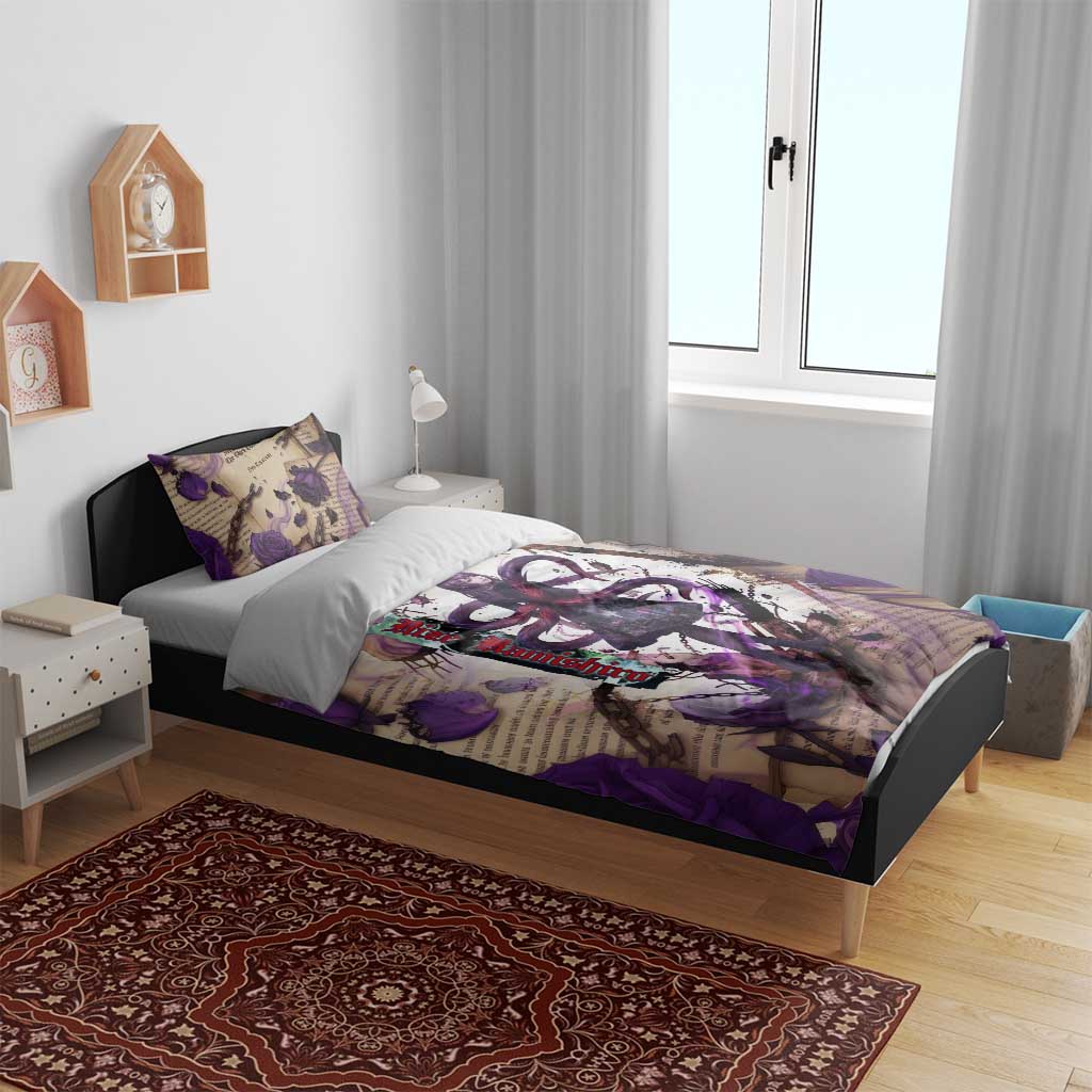 Rize Kamishiro Tokyo Ghoul Bedding Set Gothic Collage Style with Newspaper and Purple Rose Motif