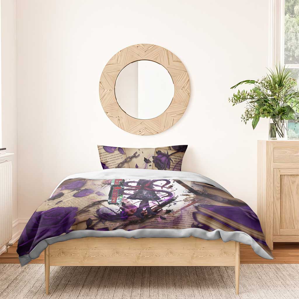 Rize Kamishiro Tokyo Ghoul Bedding Set Gothic Collage Style with Newspaper and Purple Rose Motif