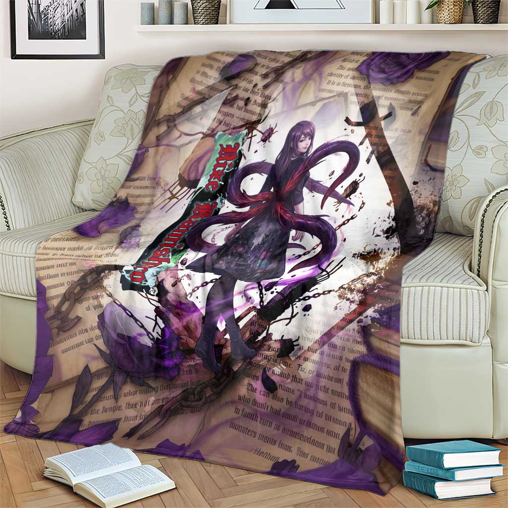 Rize Kamishiro Tokyo Ghoul Blanket Gothic Collage Style with Newspaper and Purple Rose Motif