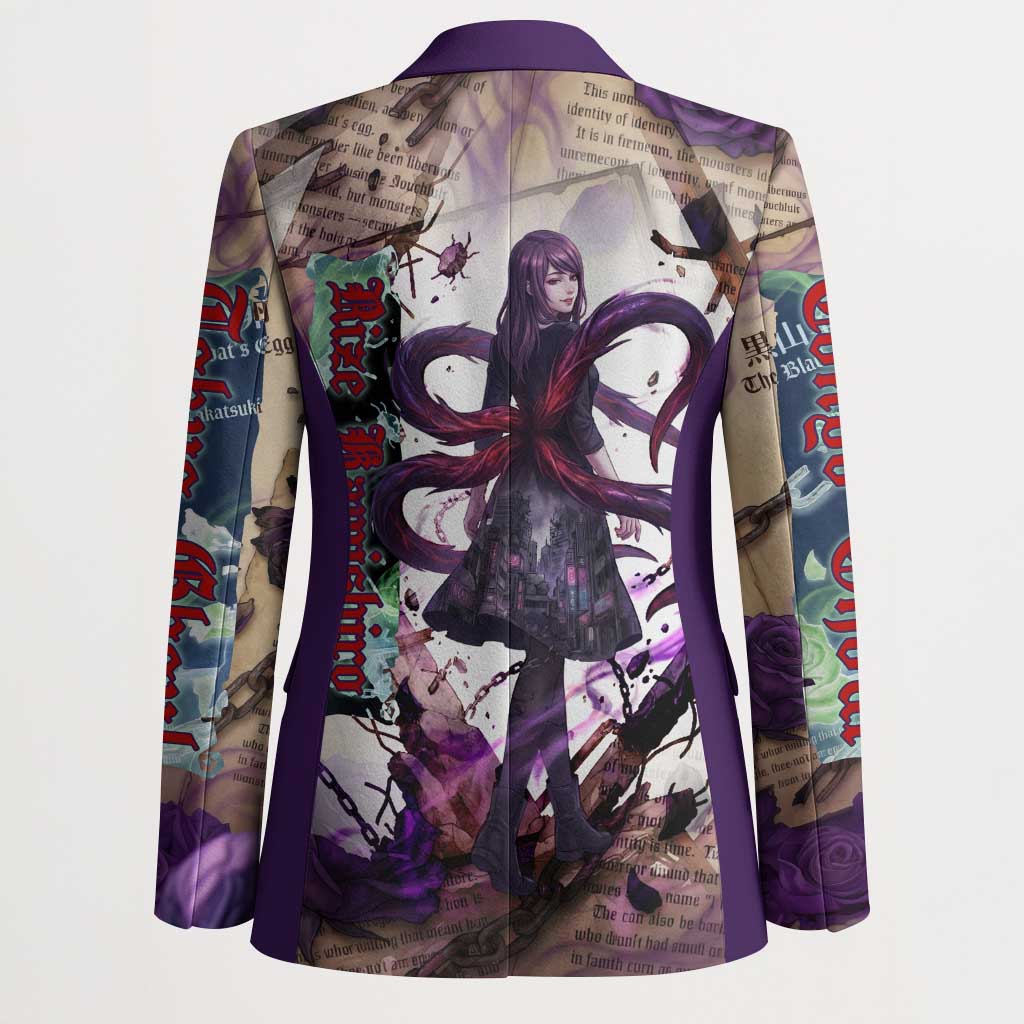 Rize Kamishiro Tokyo Ghoul Blazer Gothic Collage Style with Newspaper and Purple Rose Motif