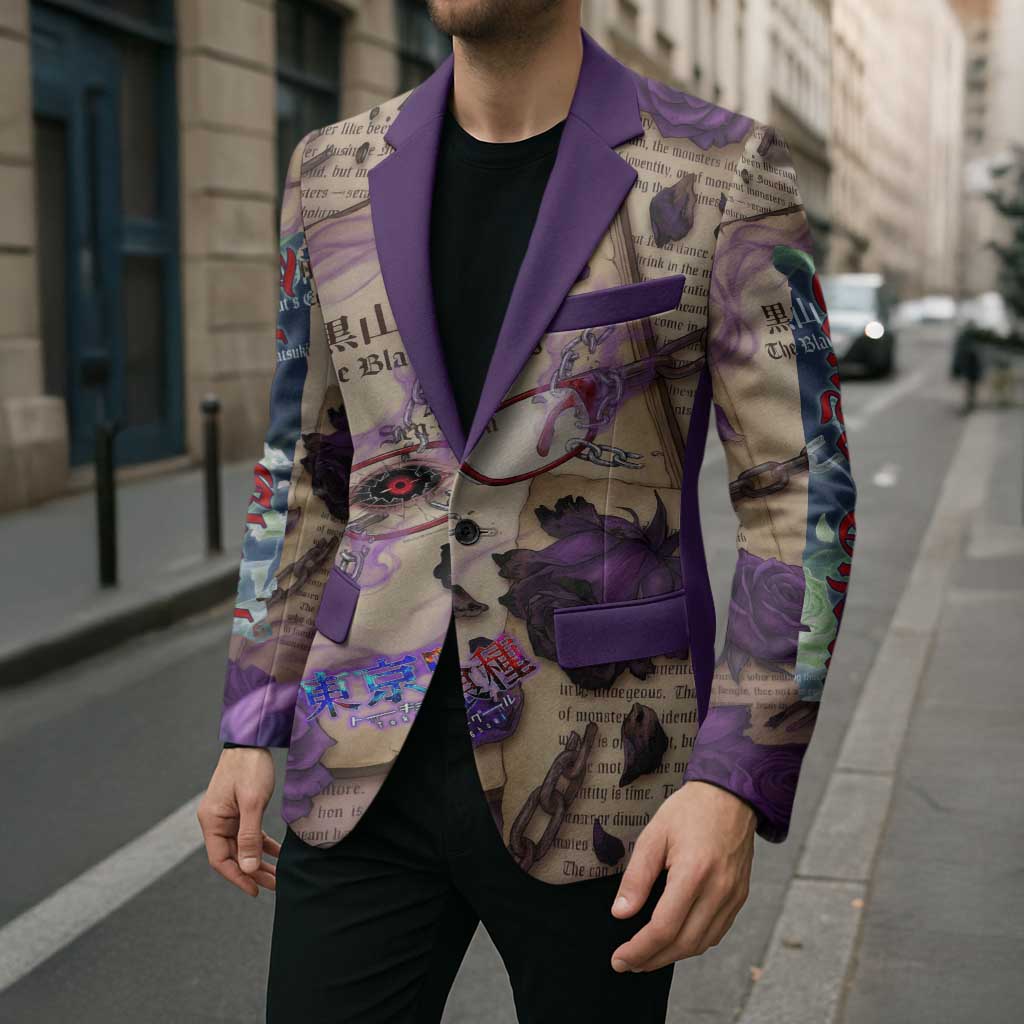 Rize Kamishiro Tokyo Ghoul Blazer Gothic Collage Style with Newspaper and Purple Rose Motif