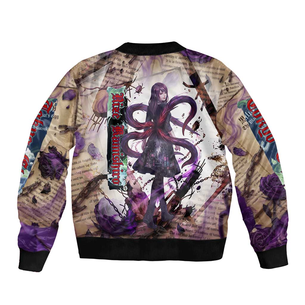 Rize Kamishiro Tokyo Ghoul Bomber Jacket Gothic Collage Style with Newspaper and Purple Rose Motif
