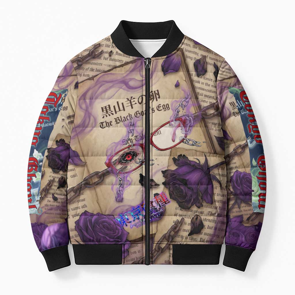 Rize Kamishiro Tokyo Ghoul Bomber Puffer Jacket Gothic Collage Style with Newspaper and Purple Rose Motif