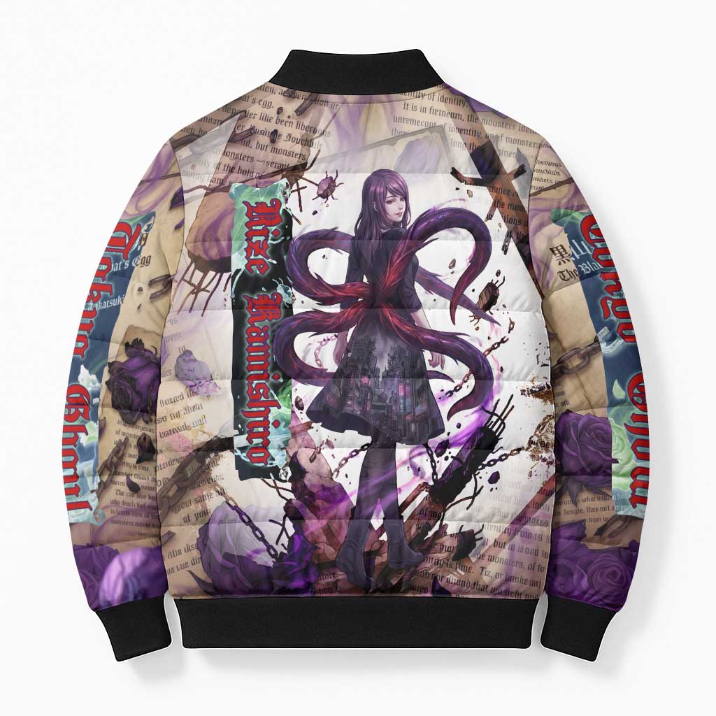 Rize Kamishiro Tokyo Ghoul Bomber Puffer Jacket Gothic Collage Style with Newspaper and Purple Rose Motif