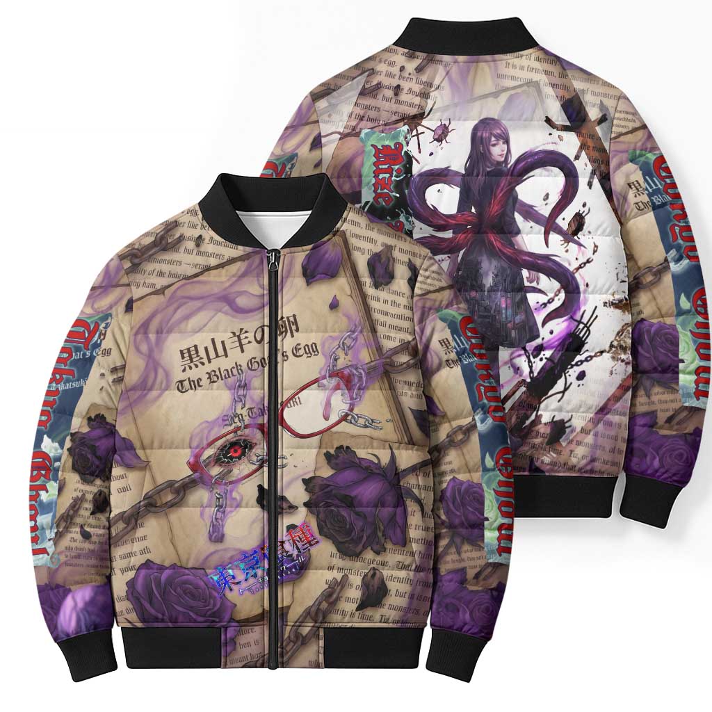 Rize Kamishiro Tokyo Ghoul Bomber Puffer Jacket Gothic Collage Style with Newspaper and Purple Rose Motif