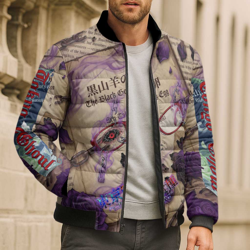 Rize Kamishiro Tokyo Ghoul Bomber Puffer Jacket Gothic Collage Style with Newspaper and Purple Rose Motif