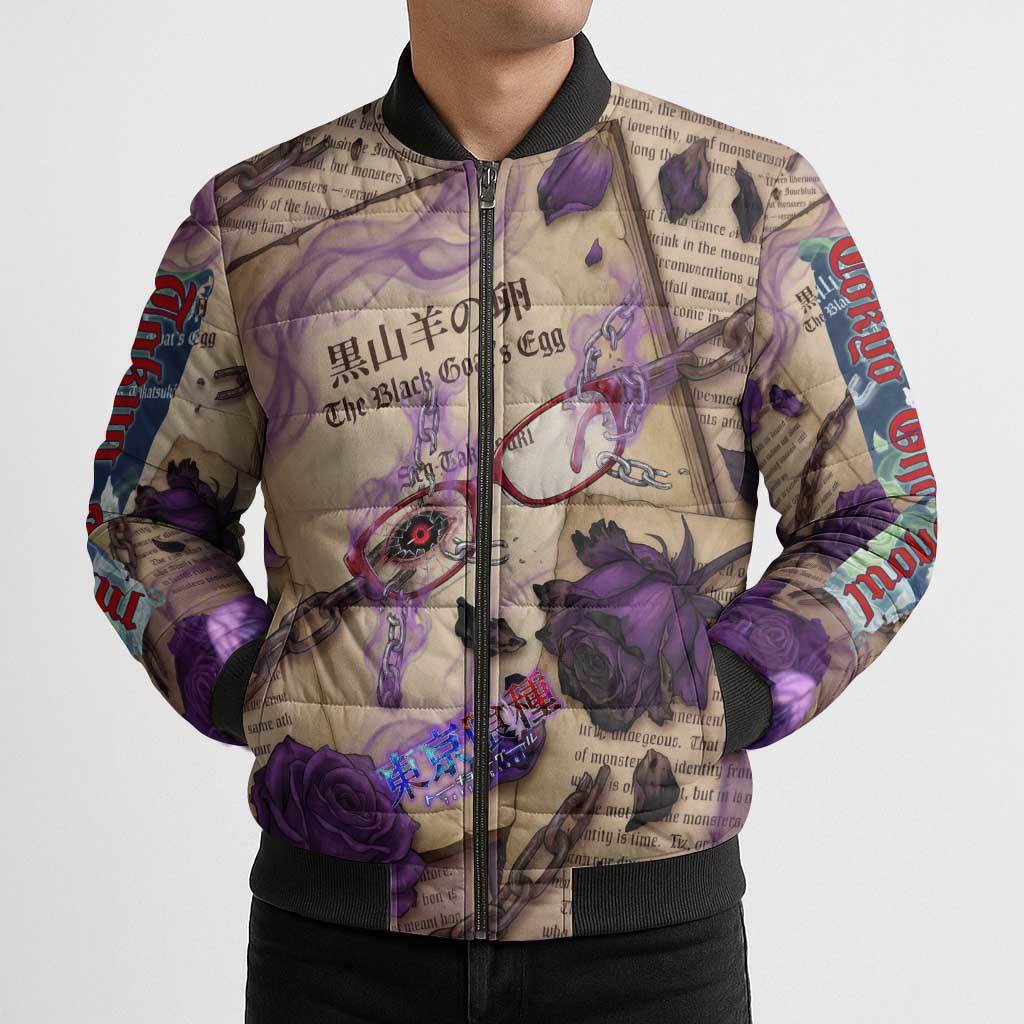 Rize Kamishiro Tokyo Ghoul Bomber Puffer Jacket Gothic Collage Style with Newspaper and Purple Rose Motif
