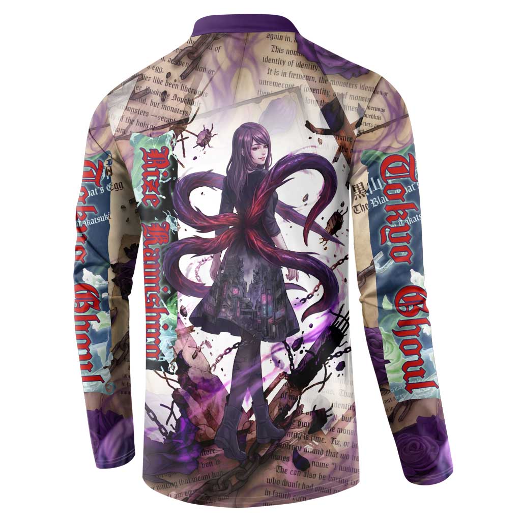 Rize Kamishiro Tokyo Ghoul Button Sweatshirt Gothic Collage Style with Newspaper and Purple Rose Motif