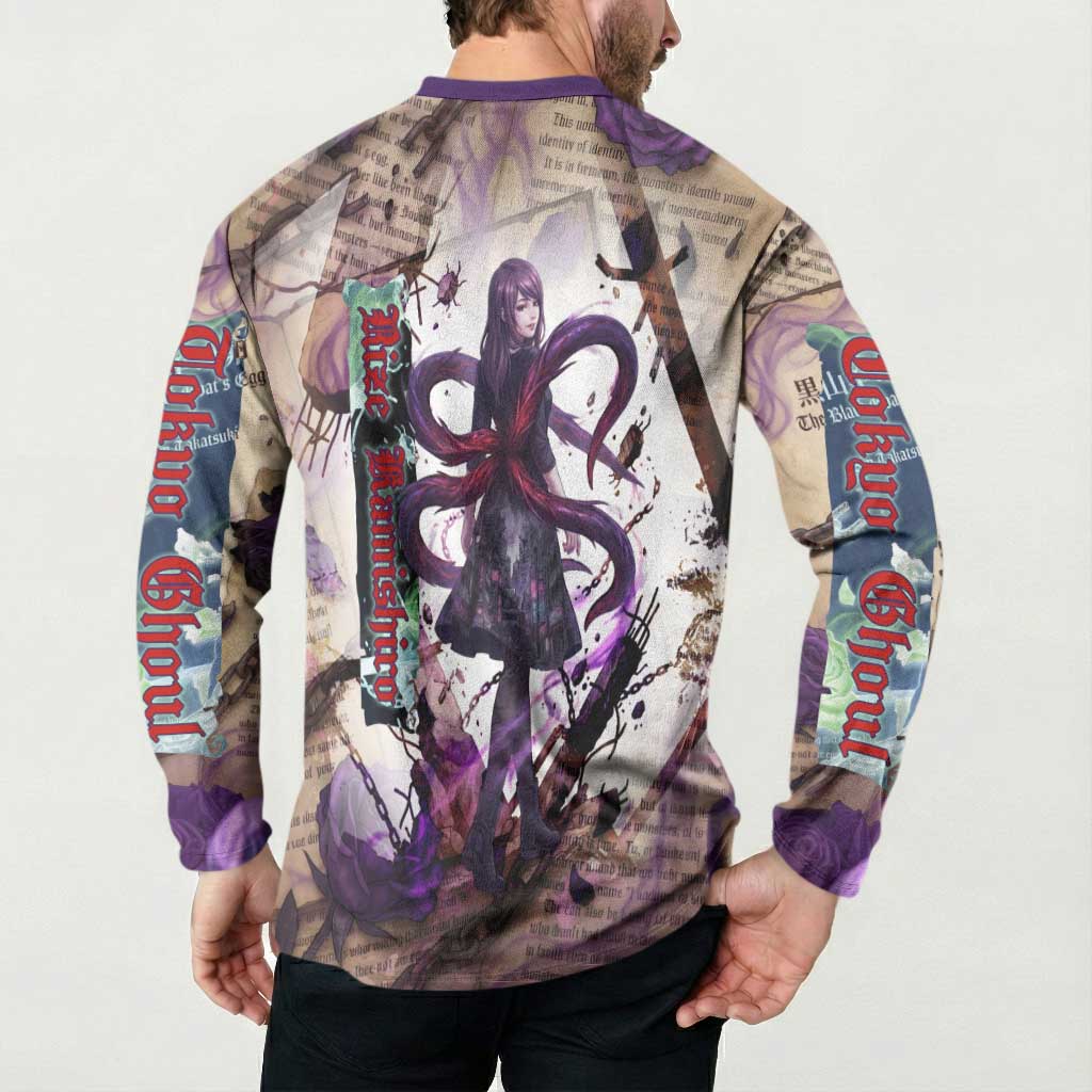 Rize Kamishiro Tokyo Ghoul Button Sweatshirt Gothic Collage Style with Newspaper and Purple Rose Motif