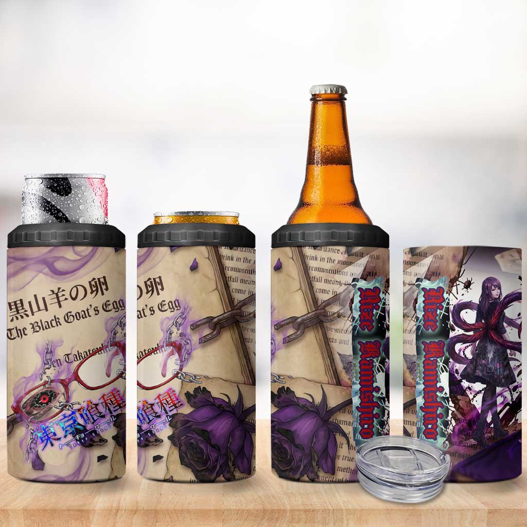 Rize Kamishiro Tokyo Ghoul 4 in 1 Can Cooler Tumbler Gothic Collage Style with Newspaper and Purple Rose Motif