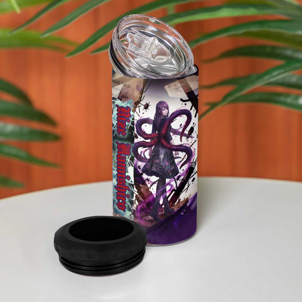 Rize Kamishiro Tokyo Ghoul 4 in 1 Can Cooler Tumbler Gothic Collage Style with Newspaper and Purple Rose Motif