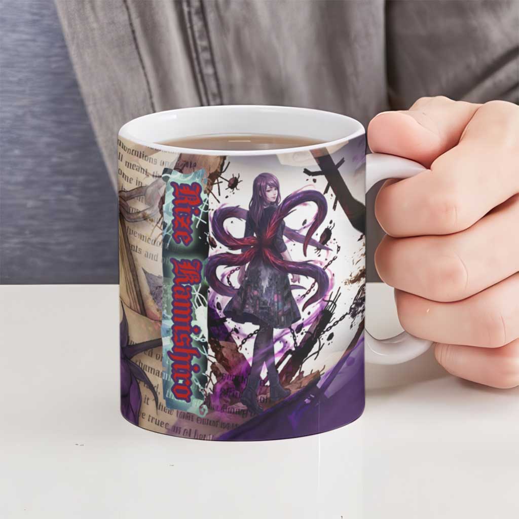 Rize Kamishiro Tokyo Ghoul Ceramic Mug Gothic Collage Style with Newspaper and Purple Rose Motif