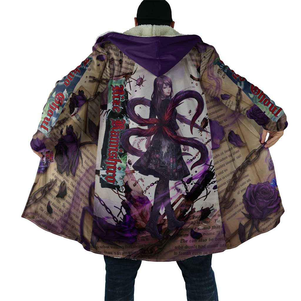 Rize Kamishiro Tokyo Ghoul Cloak Gothic Collage Style with Newspaper and Purple Rose Motif