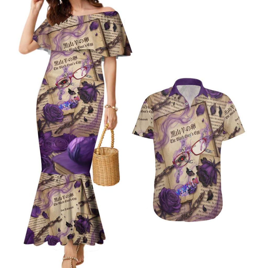 Rize Kamishiro Tokyo Ghoul Couples Matching Mermaid Dress and Hawaiian Shirt Gothic Collage Style with Newspaper and Purple Rose Motif