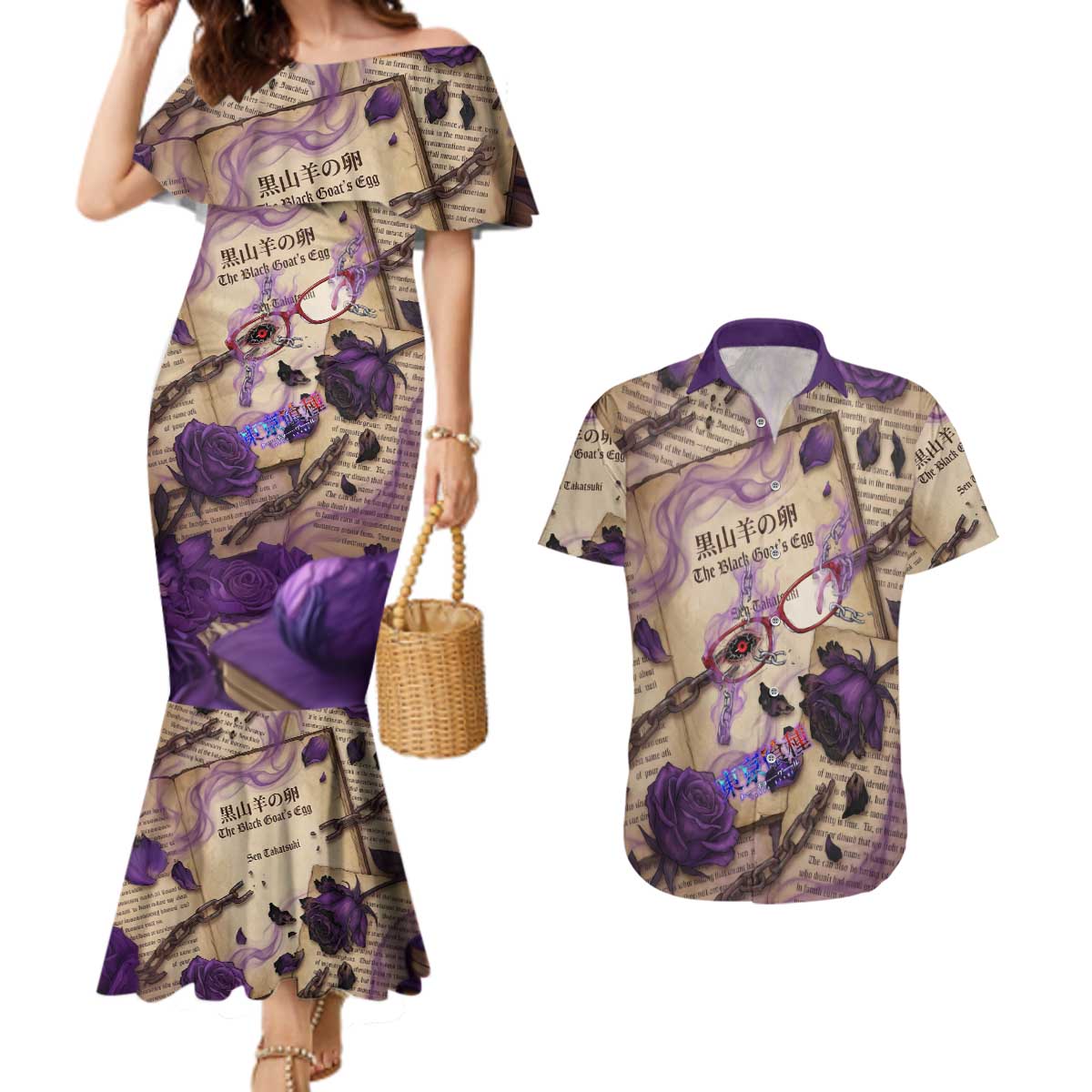 Rize Kamishiro Tokyo Ghoul Couples Matching Mermaid Dress and Hawaiian Shirt Gothic Collage Style with Newspaper and Purple Rose Motif