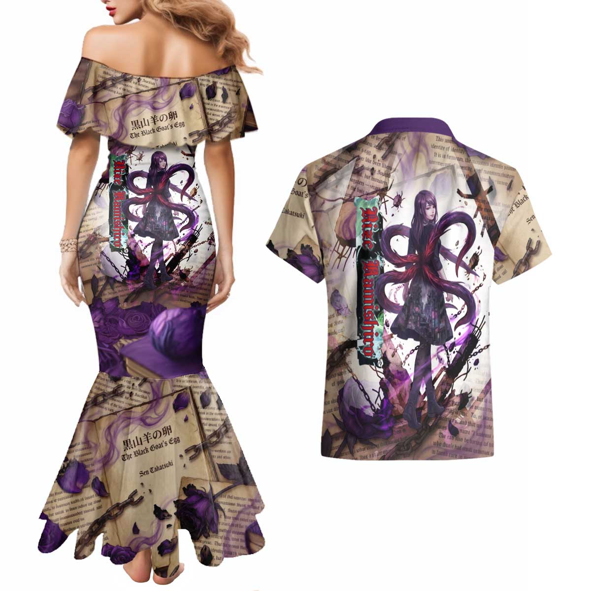 Rize Kamishiro Tokyo Ghoul Couples Matching Mermaid Dress and Hawaiian Shirt Gothic Collage Style with Newspaper and Purple Rose Motif