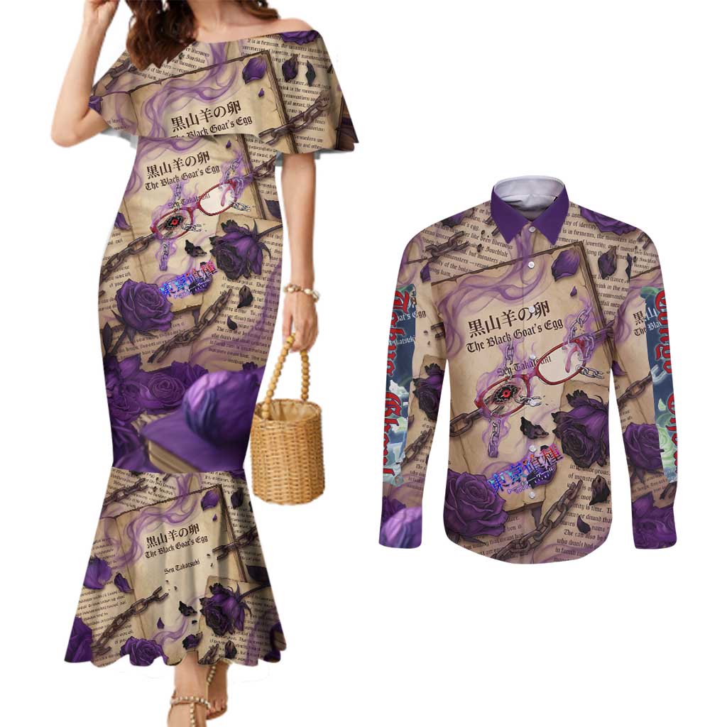 Rize Kamishiro Tokyo Ghoul Couples Matching Mermaid Dress and Long Sleeve Button Shirt Gothic Collage Style with Newspaper and Purple Rose Motif