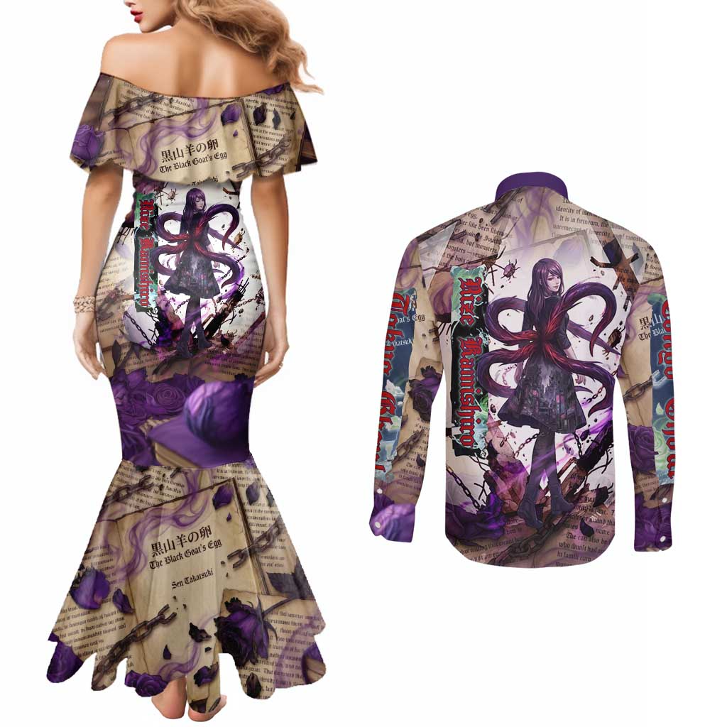 Rize Kamishiro Tokyo Ghoul Couples Matching Mermaid Dress and Long Sleeve Button Shirt Gothic Collage Style with Newspaper and Purple Rose Motif
