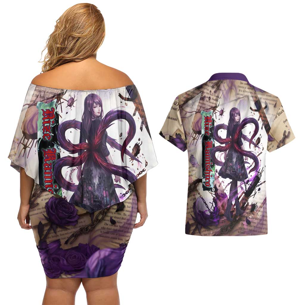 Rize Kamishiro Tokyo Ghoul Couples Matching Off Shoulder Short Dress and Hawaiian Shirt Gothic Collage Style with Newspaper and Purple Rose Motif