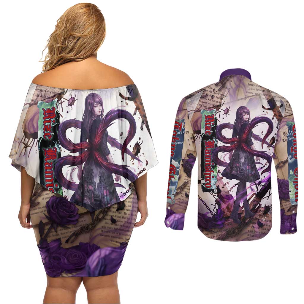 Rize Kamishiro Tokyo Ghoul Couples Matching Off Shoulder Short Dress and Long Sleeve Button Shirt Gothic Collage Style with Newspaper and Purple Rose Motif