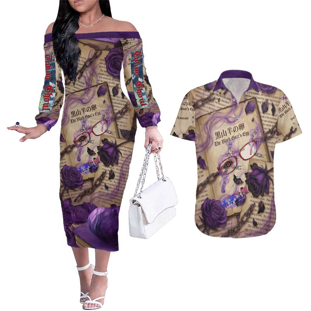 Rize Kamishiro Tokyo Ghoul Couples Matching Off The Shoulder Long Sleeve Dress and Hawaiian Shirt Gothic Collage Style with Newspaper and Purple Rose Motif
