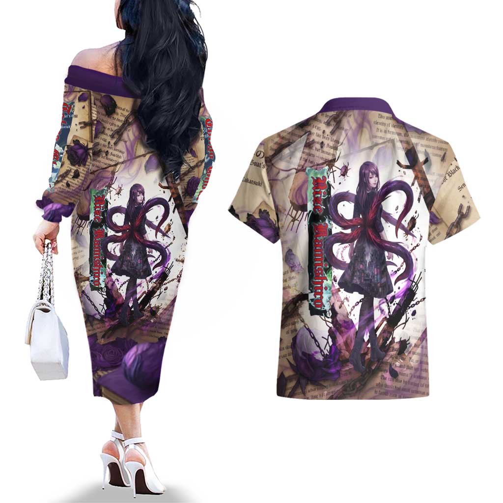 Rize Kamishiro Tokyo Ghoul Couples Matching Off The Shoulder Long Sleeve Dress and Hawaiian Shirt Gothic Collage Style with Newspaper and Purple Rose Motif