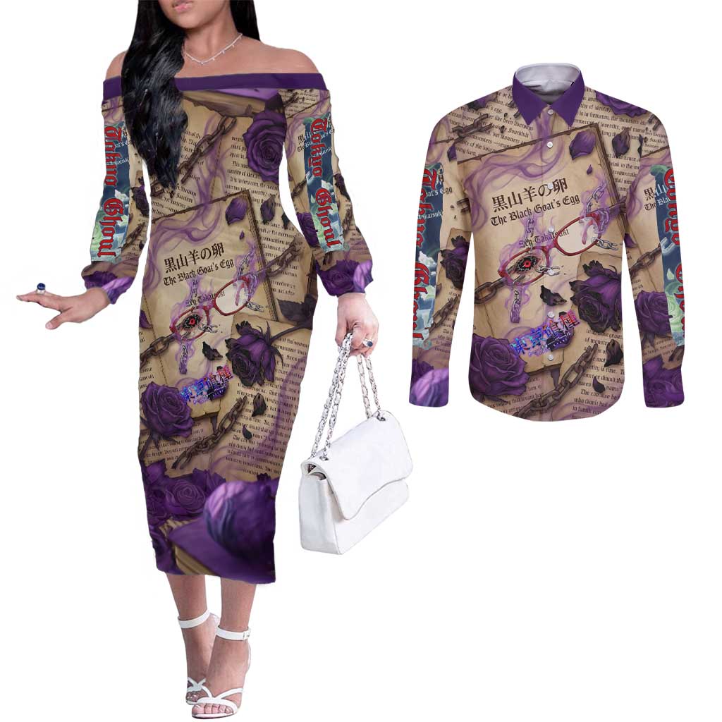 Rize Kamishiro Tokyo Ghoul Couples Matching Off The Shoulder Long Sleeve Dress and Long Sleeve Button Shirt Gothic Collage Style with Newspaper and Purple Rose Motif