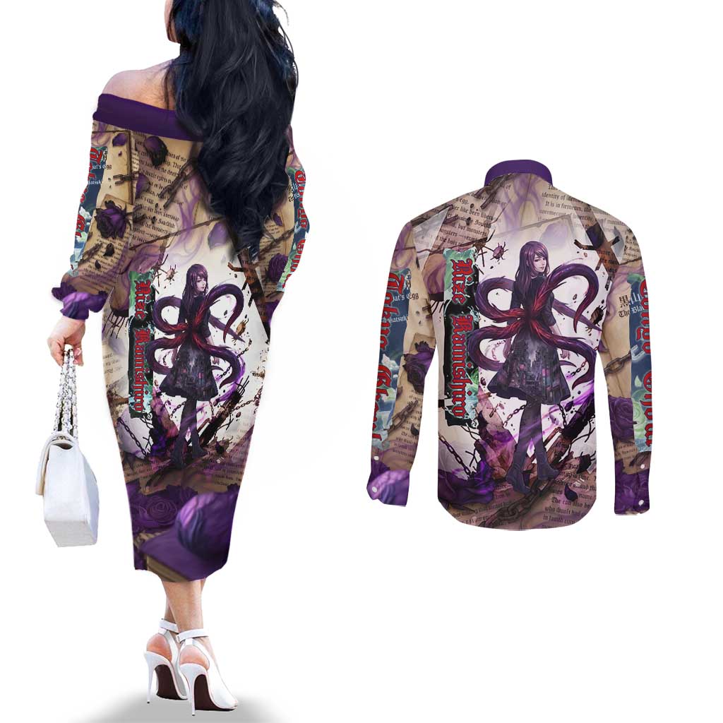 Rize Kamishiro Tokyo Ghoul Couples Matching Off The Shoulder Long Sleeve Dress and Long Sleeve Button Shirt Gothic Collage Style with Newspaper and Purple Rose Motif