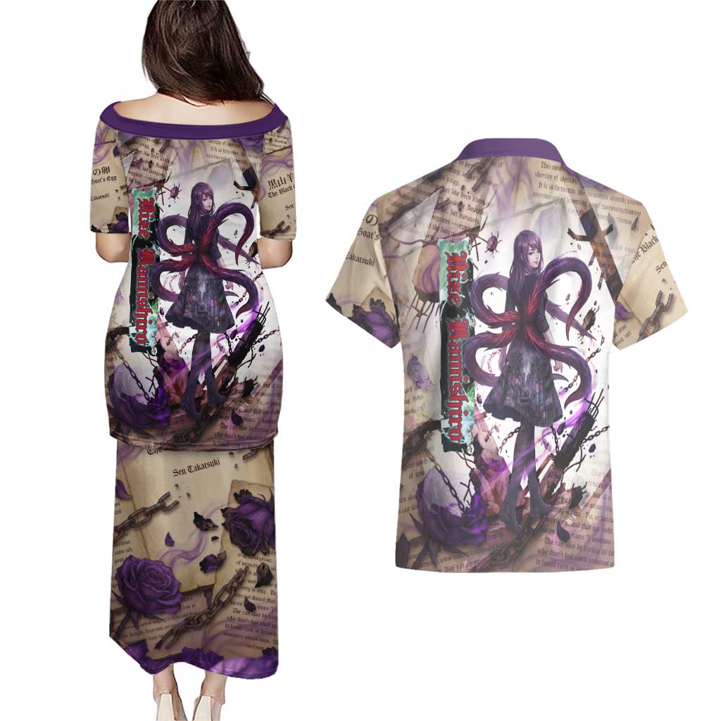Rize Kamishiro Tokyo Ghoul Couples Matching Puletasi and Hawaiian Shirt Gothic Collage Style with Newspaper and Purple Rose Motif