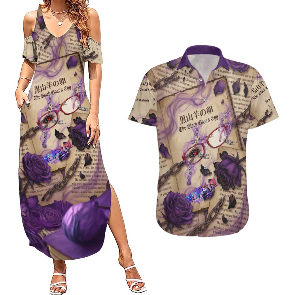 Rize Kamishiro Tokyo Ghoul Couples Matching Summer Maxi Dress and Hawaiian Shirt Gothic Collage Style with Newspaper and Purple Rose Motif