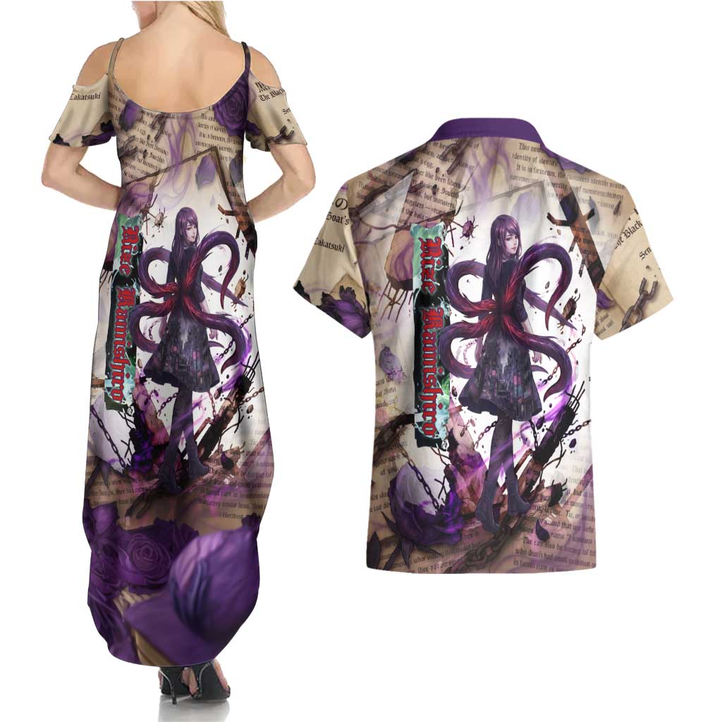 Rize Kamishiro Tokyo Ghoul Couples Matching Summer Maxi Dress and Hawaiian Shirt Gothic Collage Style with Newspaper and Purple Rose Motif