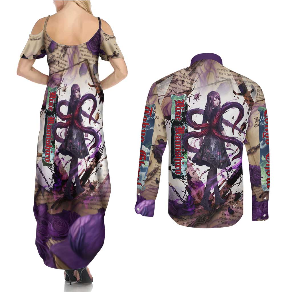 Rize Kamishiro Tokyo Ghoul Couples Matching Summer Maxi Dress and Long Sleeve Button Shirt Gothic Collage Style with Newspaper and Purple Rose Motif