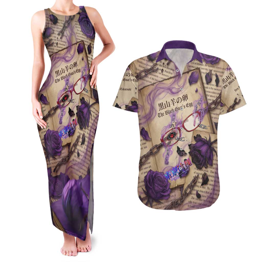 Rize Kamishiro Tokyo Ghoul Couples Matching Tank Maxi Dress and Hawaiian Shirt Gothic Collage Style with Newspaper and Purple Rose Motif