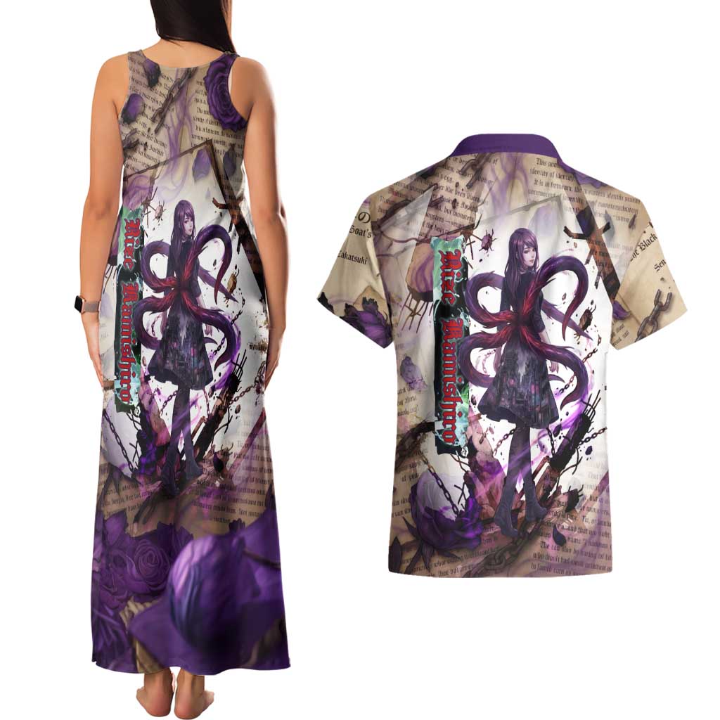 Rize Kamishiro Tokyo Ghoul Couples Matching Tank Maxi Dress and Hawaiian Shirt Gothic Collage Style with Newspaper and Purple Rose Motif