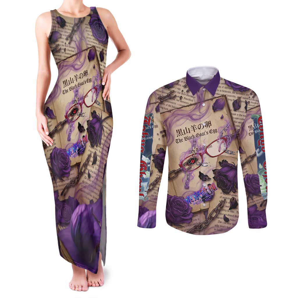 Rize Kamishiro Tokyo Ghoul Couples Matching Tank Maxi Dress and Long Sleeve Button Shirt Gothic Collage Style with Newspaper and Purple Rose Motif
