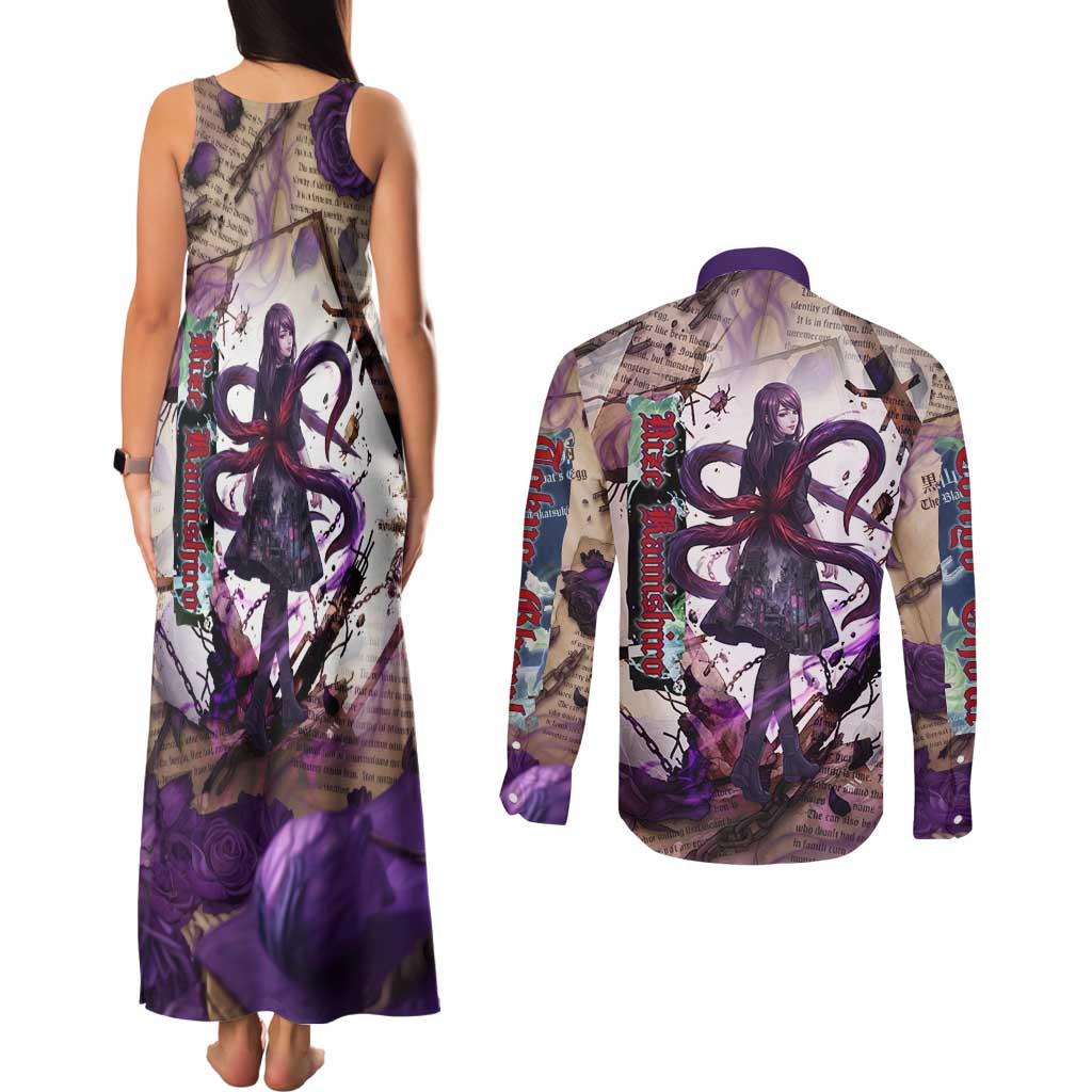Rize Kamishiro Tokyo Ghoul Couples Matching Tank Maxi Dress and Long Sleeve Button Shirt Gothic Collage Style with Newspaper and Purple Rose Motif