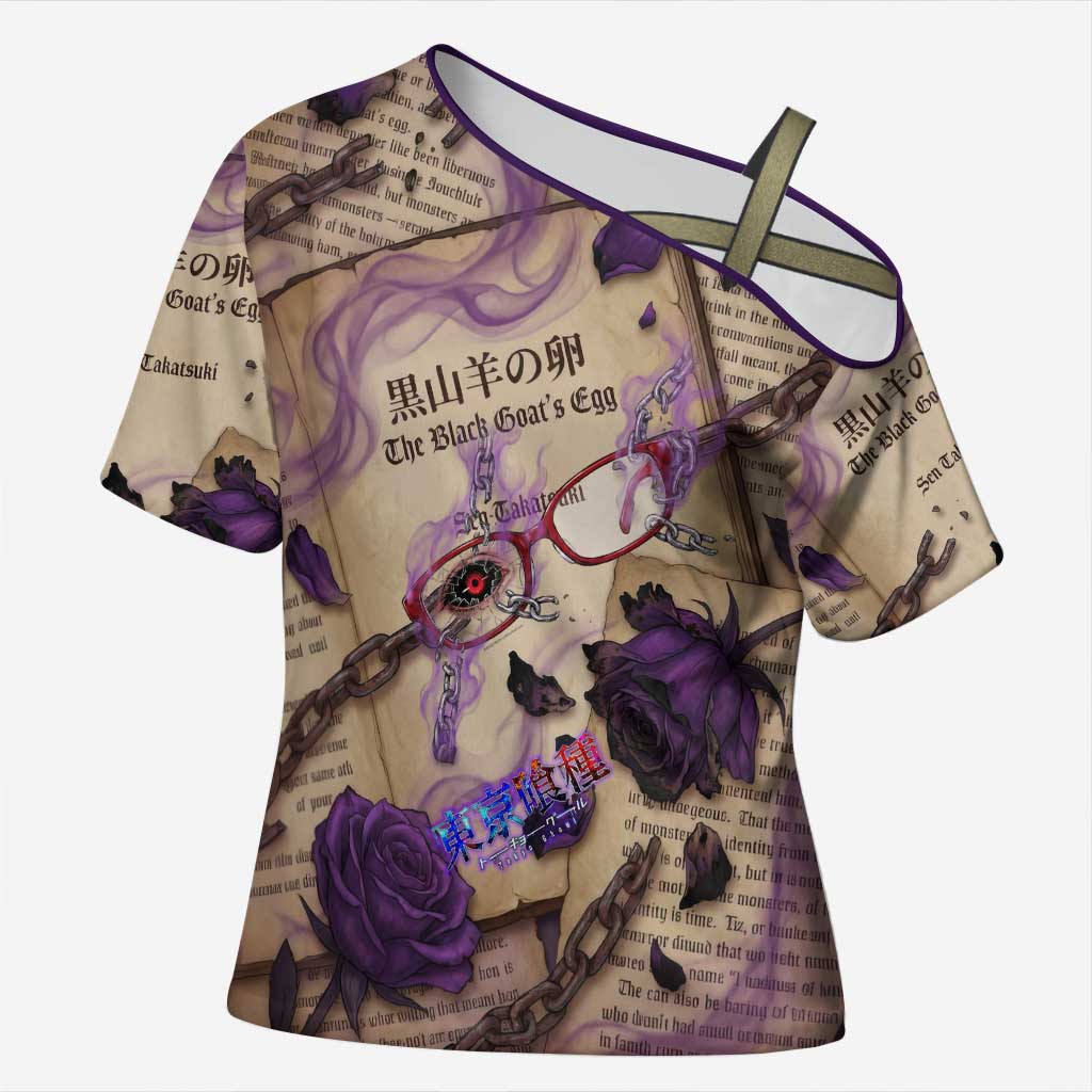 Rize Kamishiro Tokyo Ghoul Cross Shoulder Shirt Gothic Collage Style with Newspaper and Purple Rose Motif