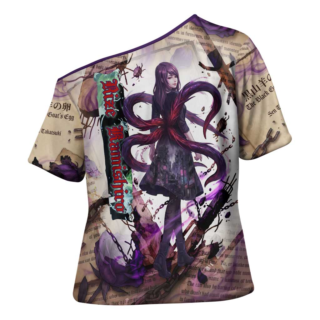Rize Kamishiro Tokyo Ghoul Cross Shoulder Shirt Gothic Collage Style with Newspaper and Purple Rose Motif