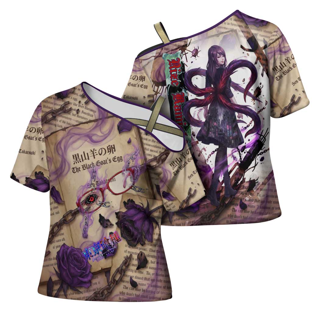 Rize Kamishiro Tokyo Ghoul Cross Shoulder Shirt Gothic Collage Style with Newspaper and Purple Rose Motif