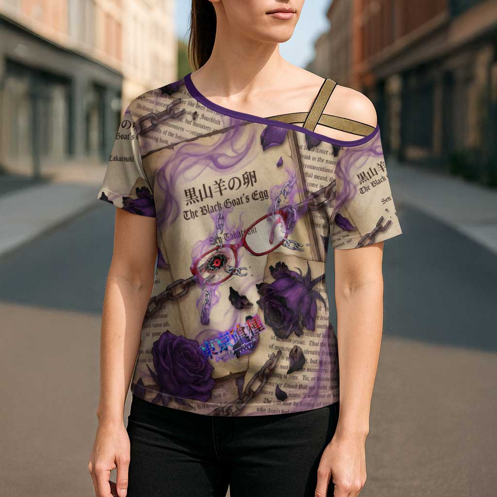 Rize Kamishiro Tokyo Ghoul Cross Shoulder Shirt Gothic Collage Style with Newspaper and Purple Rose Motif
