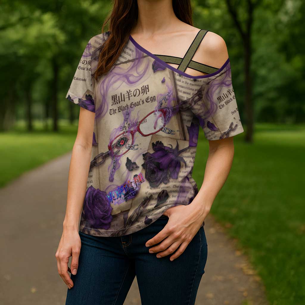 Rize Kamishiro Tokyo Ghoul Cross Shoulder Shirt Gothic Collage Style with Newspaper and Purple Rose Motif