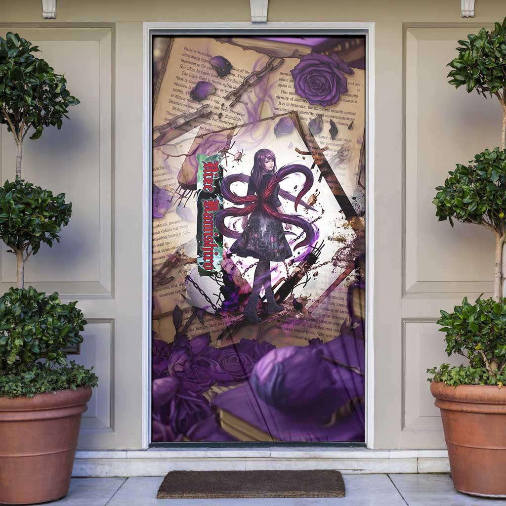 Rize Kamishiro Tokyo Ghoul Door Cover Gothic Collage Style with Newspaper and Purple Rose Motif