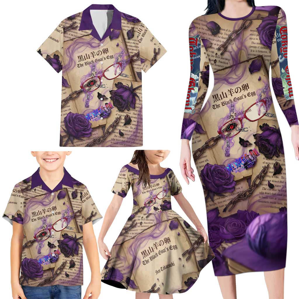 Rize Kamishiro Tokyo Ghoul Family Matching Long Sleeve Bodycon Dress and Hawaiian Shirt Gothic Collage Style with Newspaper and Purple Rose Motif