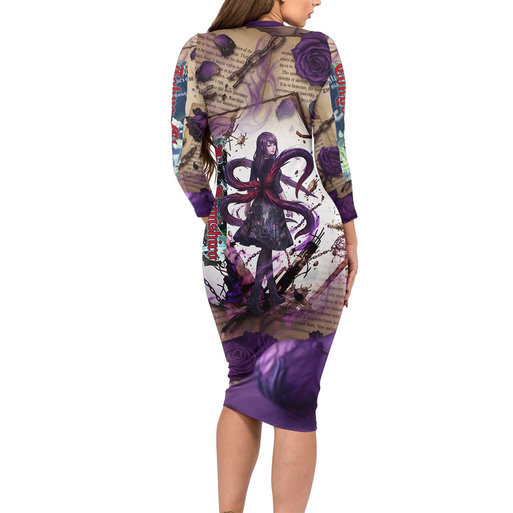 Rize Kamishiro Tokyo Ghoul Family Matching Long Sleeve Bodycon Dress and Hawaiian Shirt Gothic Collage Style with Newspaper and Purple Rose Motif