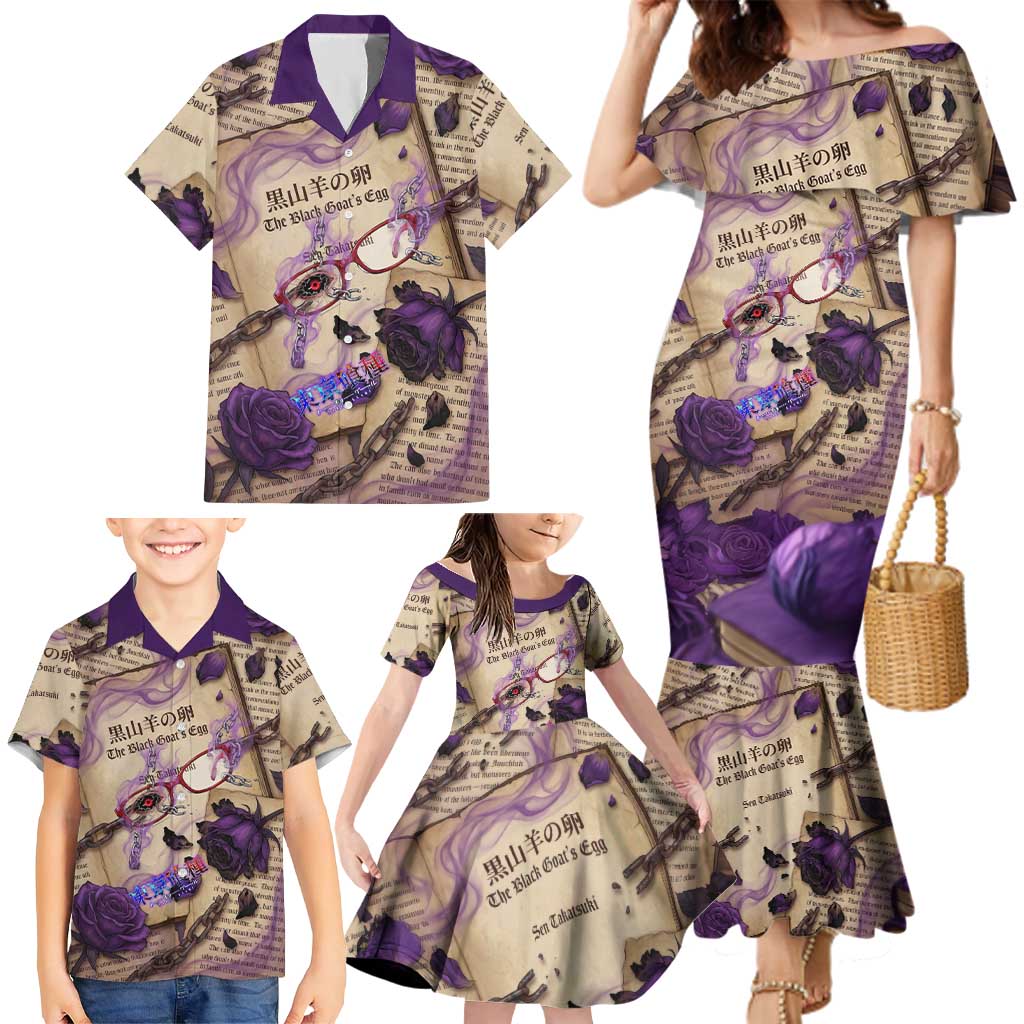 Rize Kamishiro Tokyo Ghoul Family Matching Mermaid Dress and Hawaiian Shirt Gothic Collage Style with Newspaper and Purple Rose Motif