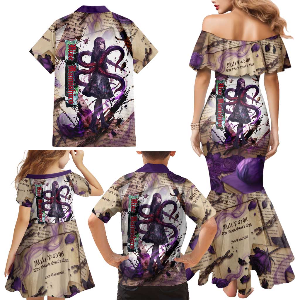 Rize Kamishiro Tokyo Ghoul Family Matching Mermaid Dress and Hawaiian Shirt Gothic Collage Style with Newspaper and Purple Rose Motif