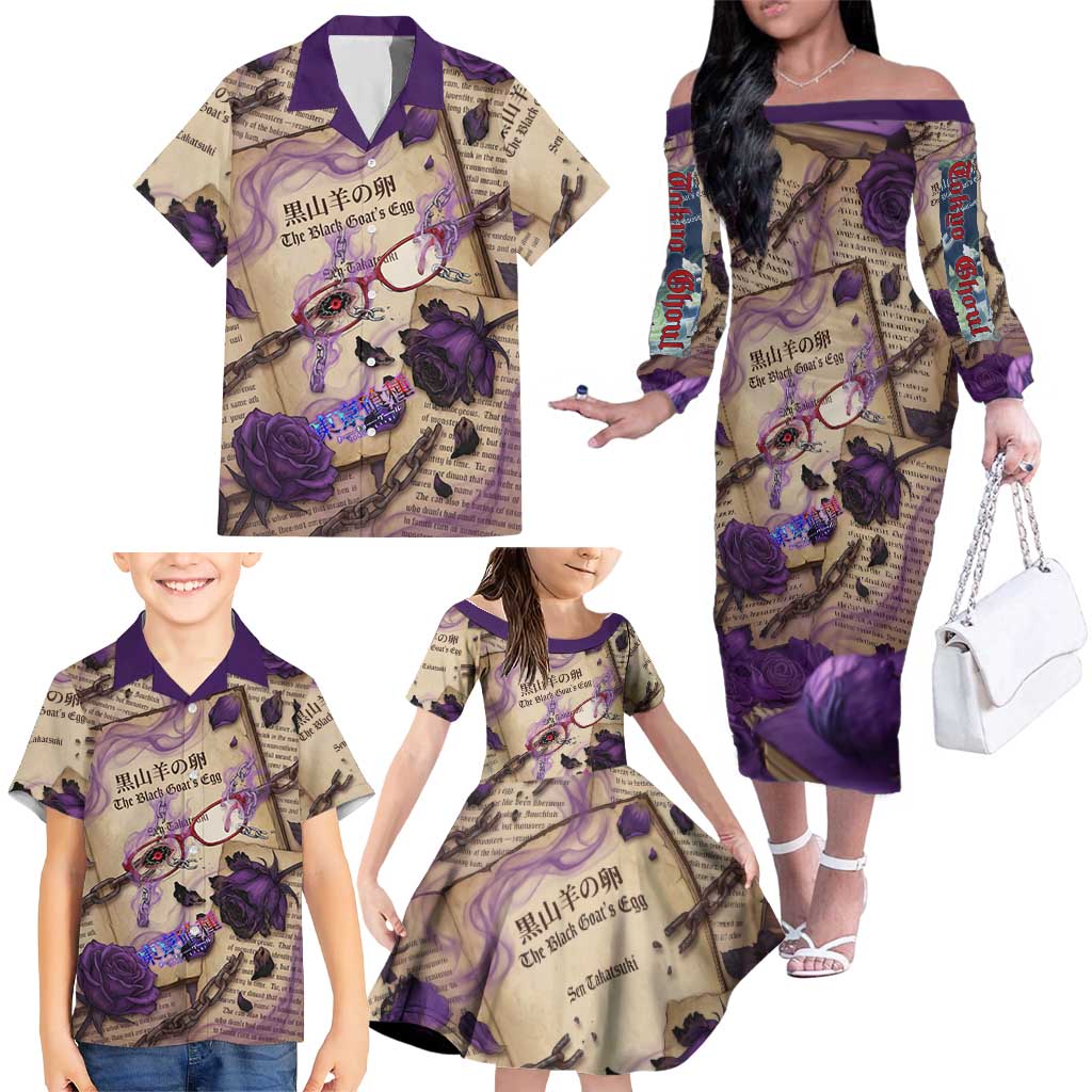 Rize Kamishiro Tokyo Ghoul Family Matching Off The Shoulder Long Sleeve Dress and Hawaiian Shirt Gothic Collage Style with Newspaper and Purple Rose Motif