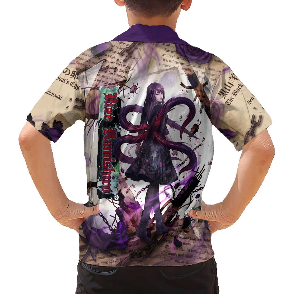 Rize Kamishiro Tokyo Ghoul Family Matching Off The Shoulder Long Sleeve Dress and Hawaiian Shirt Gothic Collage Style with Newspaper and Purple Rose Motif