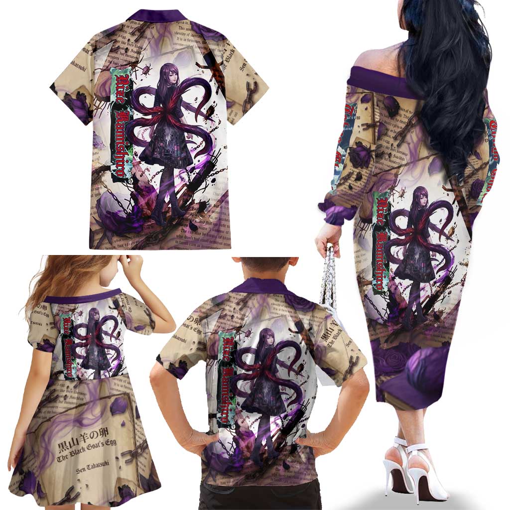 Rize Kamishiro Tokyo Ghoul Family Matching Off The Shoulder Long Sleeve Dress and Hawaiian Shirt Gothic Collage Style with Newspaper and Purple Rose Motif