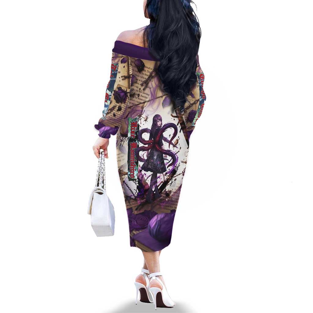 Rize Kamishiro Tokyo Ghoul Family Matching Off The Shoulder Long Sleeve Dress and Hawaiian Shirt Gothic Collage Style with Newspaper and Purple Rose Motif